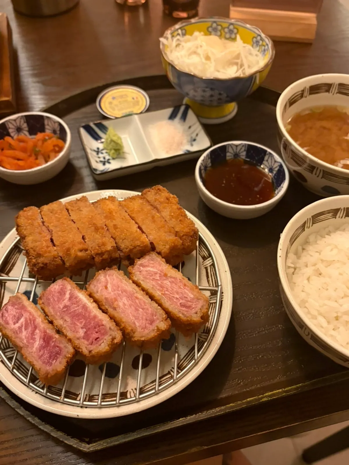 Full tenderloin gyukatsu set with rice, soup, and salad