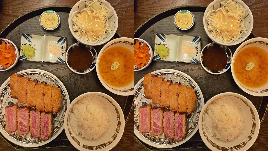 화로와 함께 차려진 안심 규카츠 세트