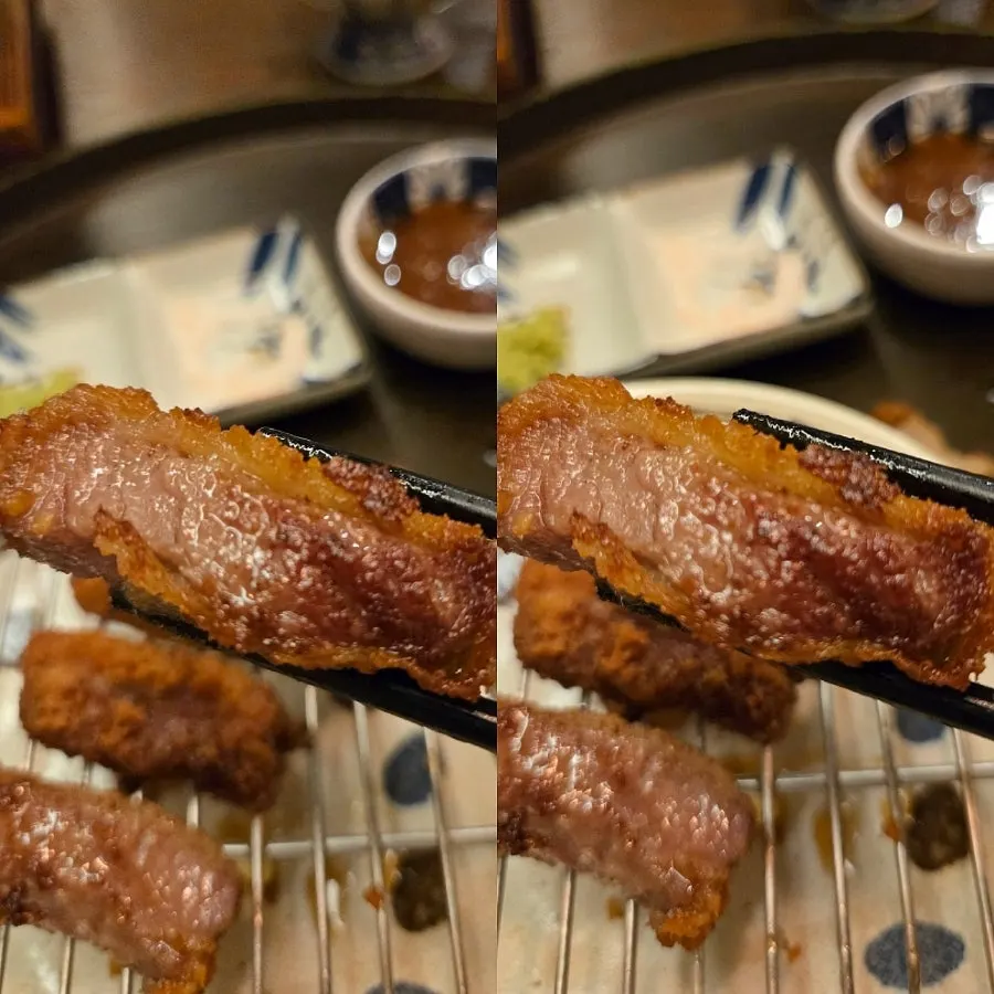 특제 소스에 곁들인 안심 규카츠 한 점