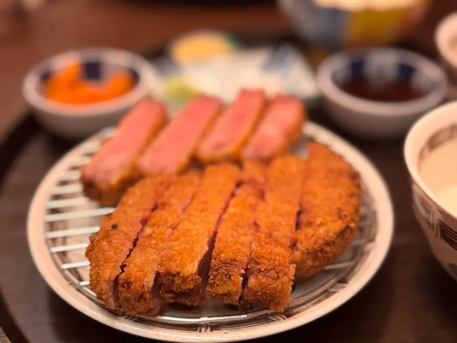 Striploin beef katsu spread with rice and miso soup