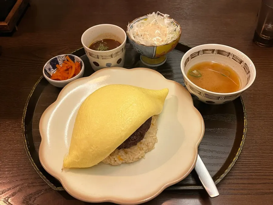 Hamburg omelet rice and tenderloin gyukatsu set on the table