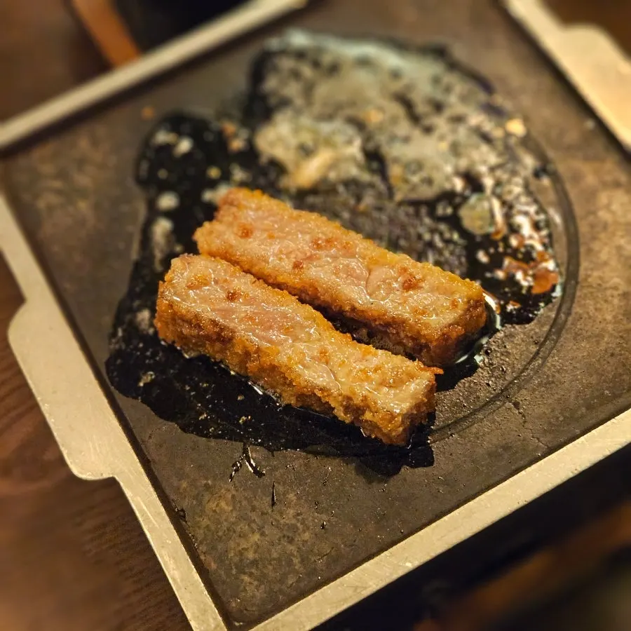 Gyukatsu and steki rice bowl placed together on the table