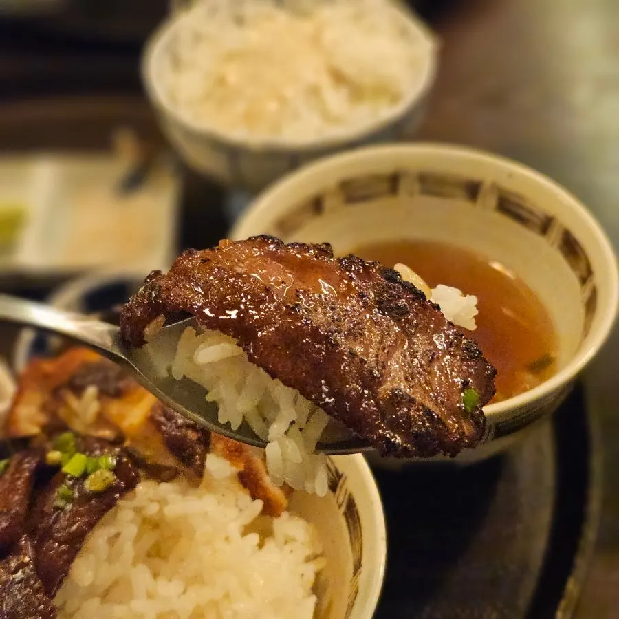 A piece of striploin gyukatsu grilled to the right doneness