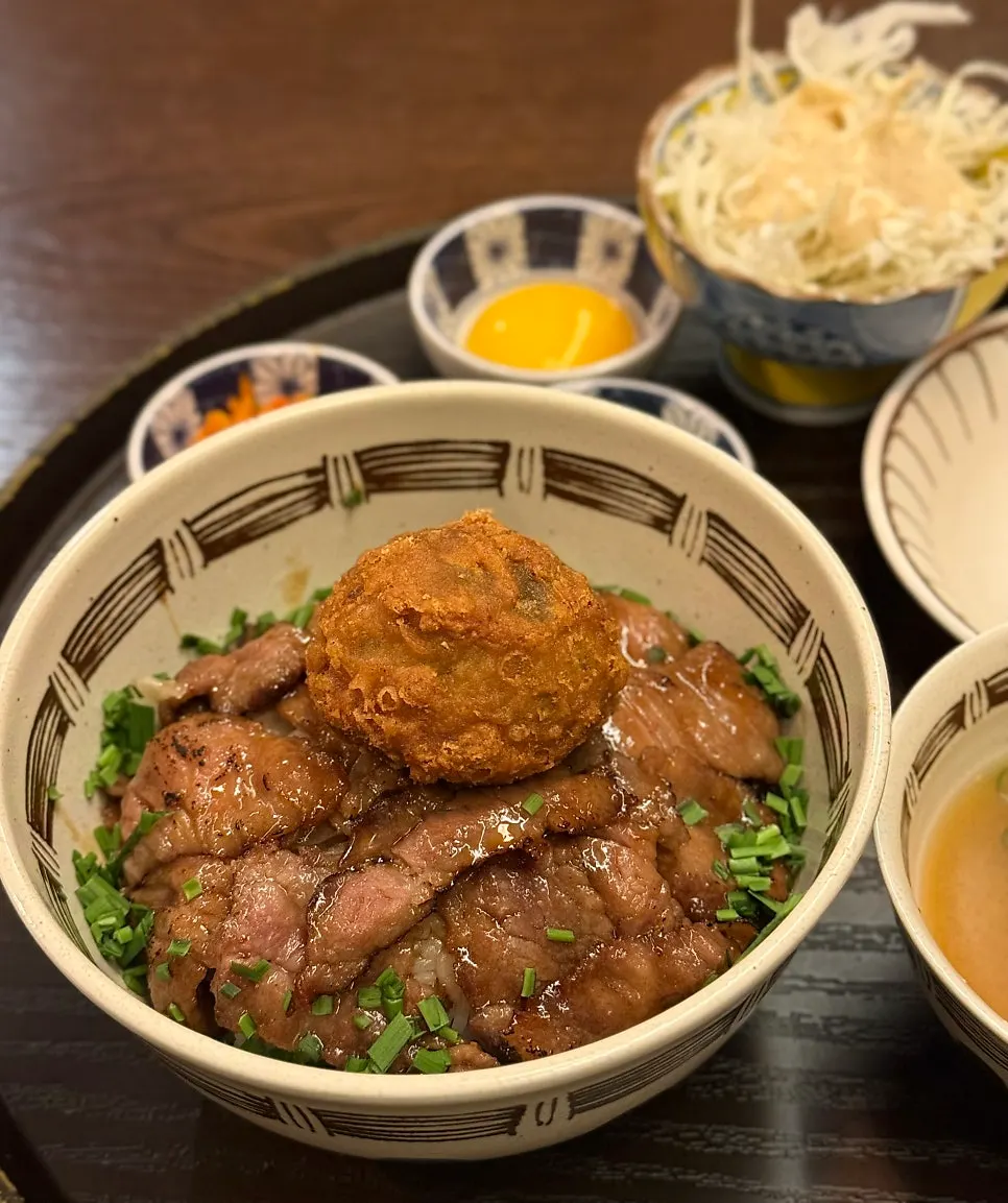 A two-person table spread with gyukatsu and steak rice bowl together