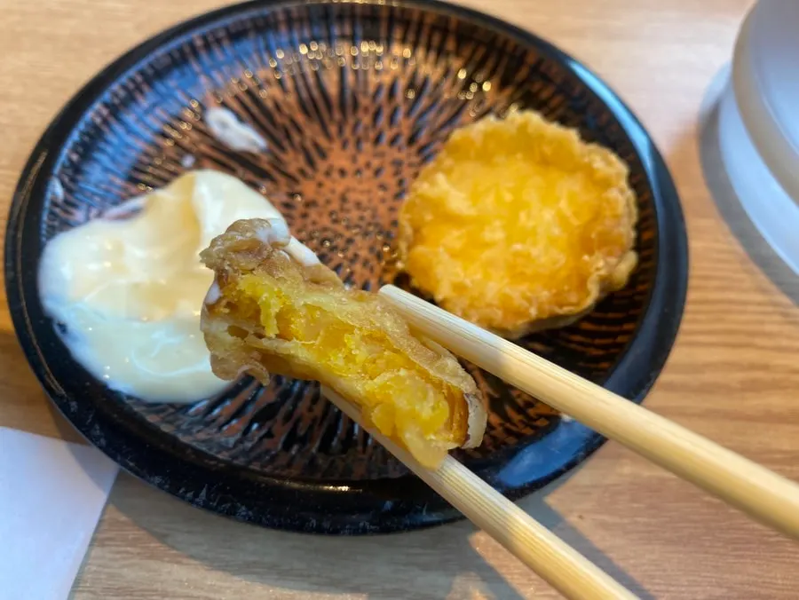 Sweet potato fritter dipped in mayonnaise sauce