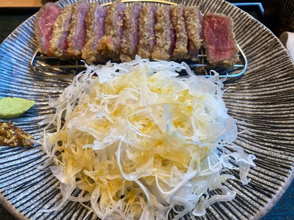 Three sauces served with the gyukatsu