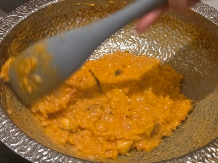 Rich rose risotto nearing completion