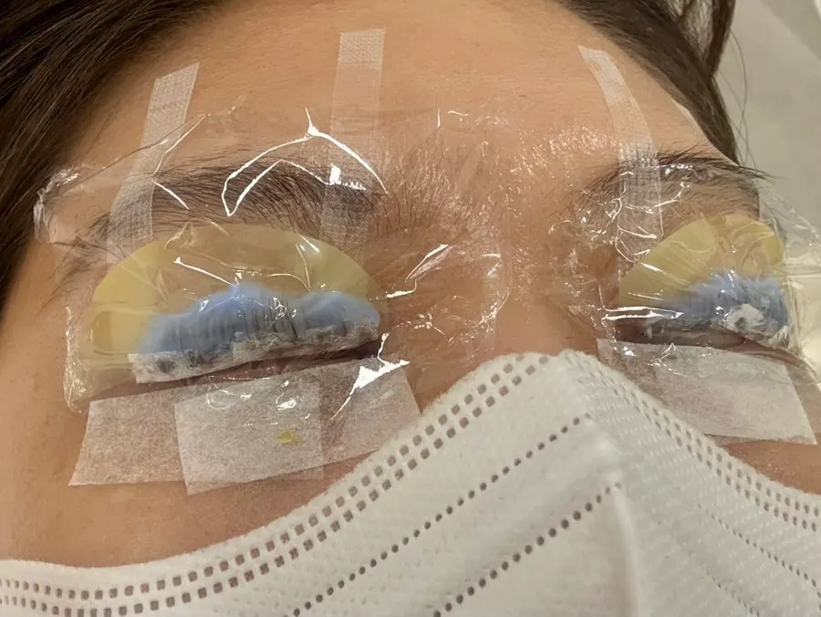The roughly one-hour lash lift treatment in progress