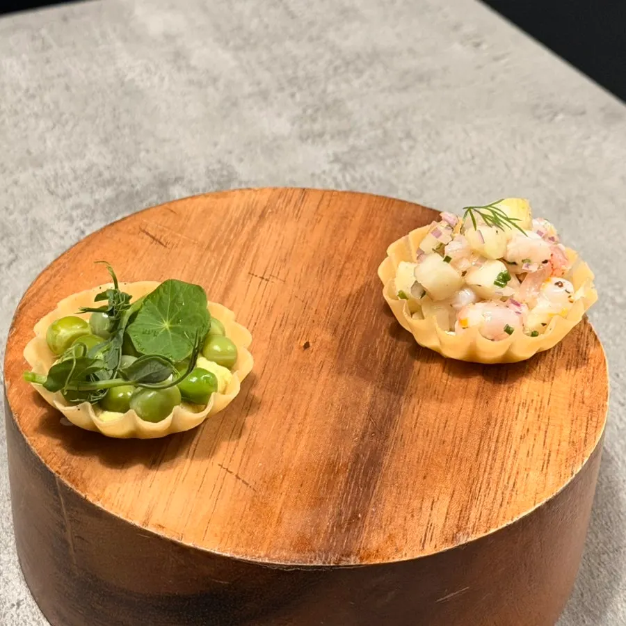 Cross-section of the pea tartlet with its crisp crust