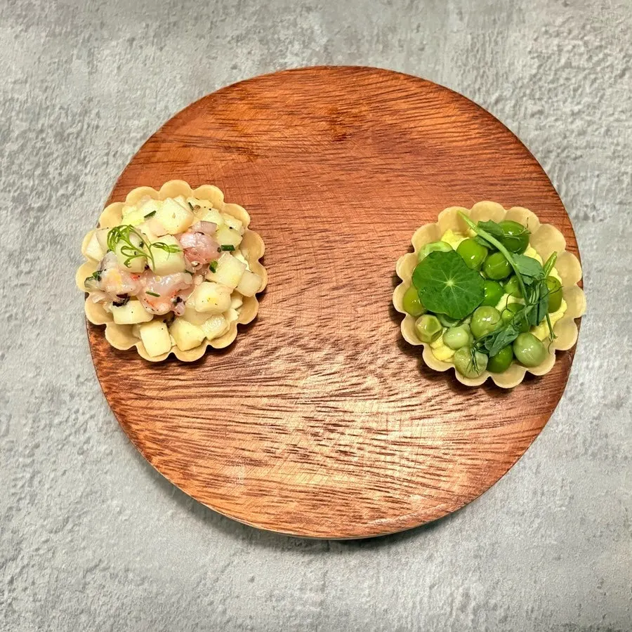 Plated pea tart and sweet shrimp apple tart