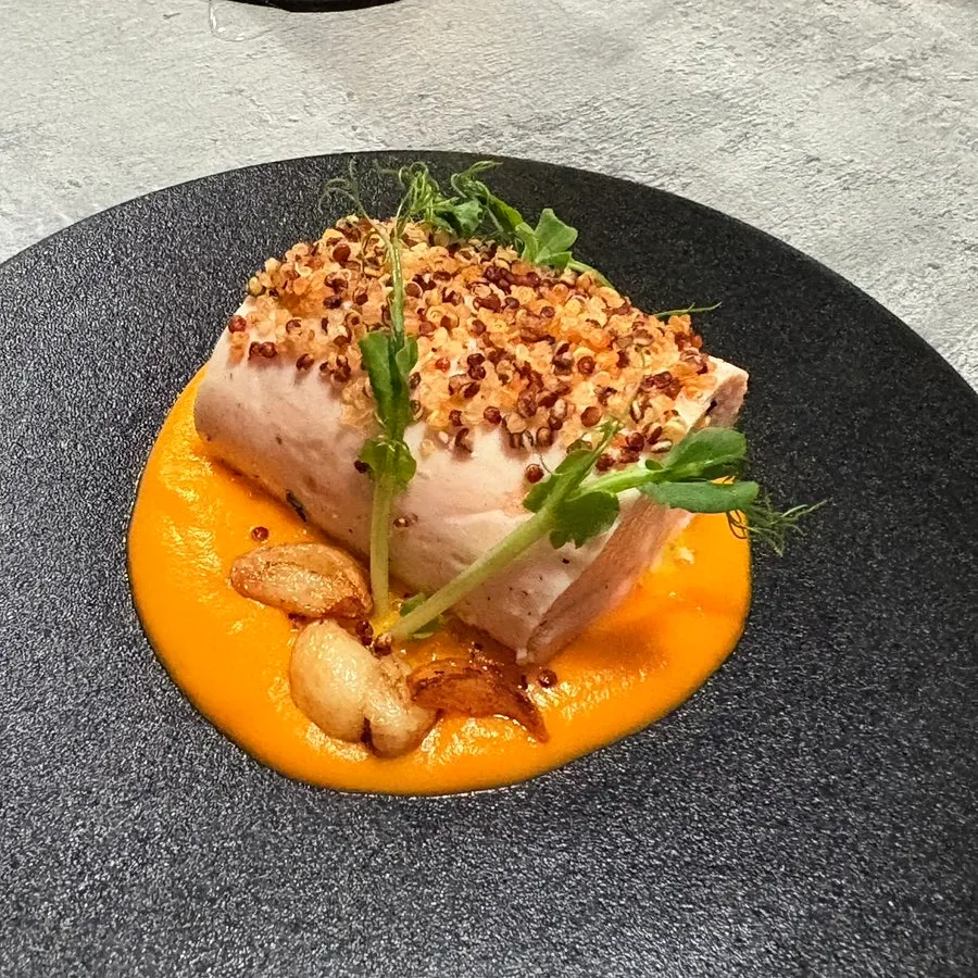 A juicy cross-section of the sous vide chicken breast