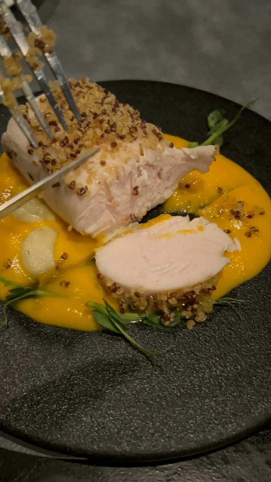 Plating of the sous vide chicken breast steak at Hado