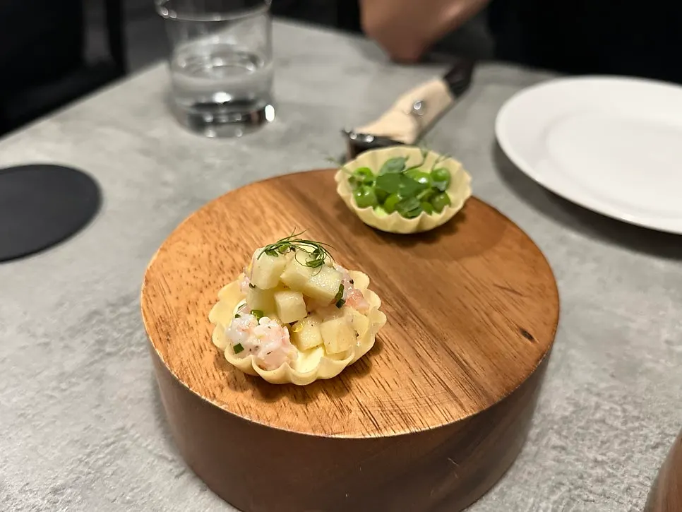 Pea tart and sweet shrimp apple tart starters