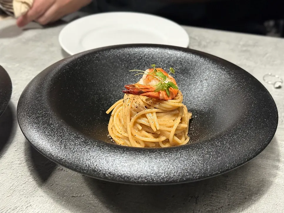 Minari yuzu bisque pasta plating