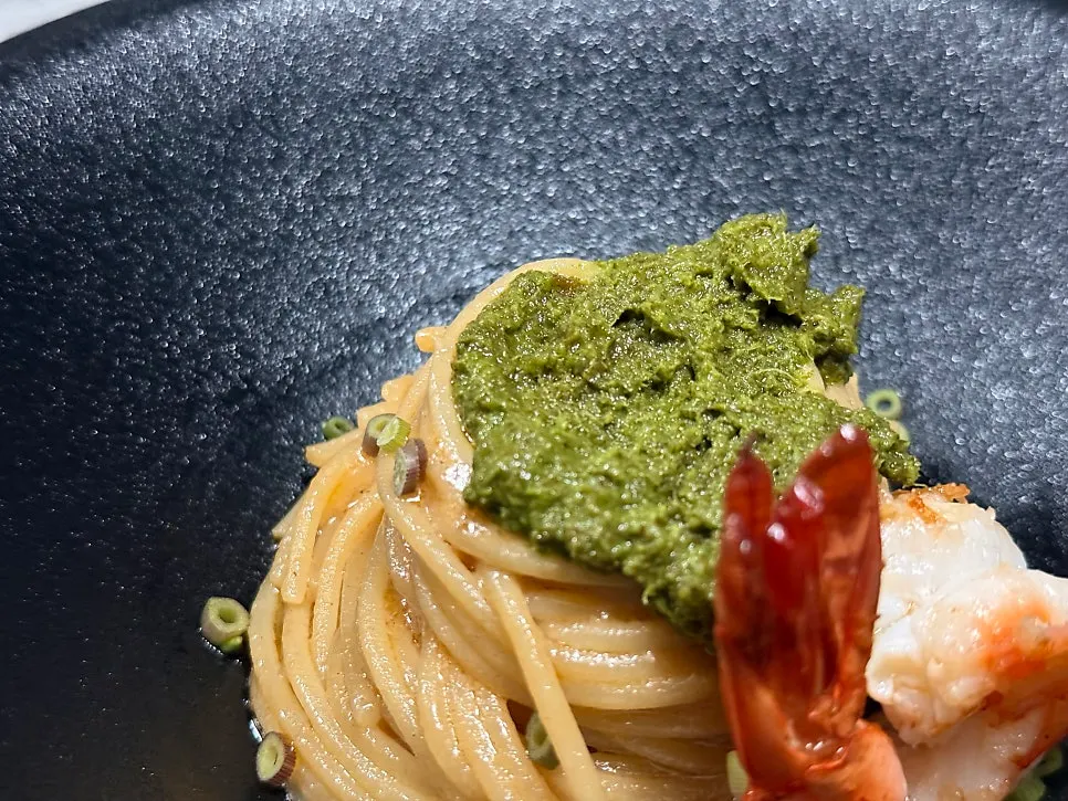 Minari yuzu bisque pasta with noodles partly eaten