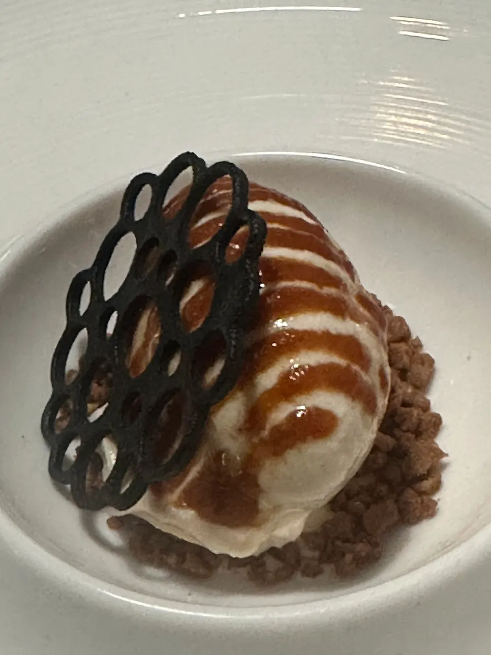 Earl Grey ice cream drizzled with caramel sauce