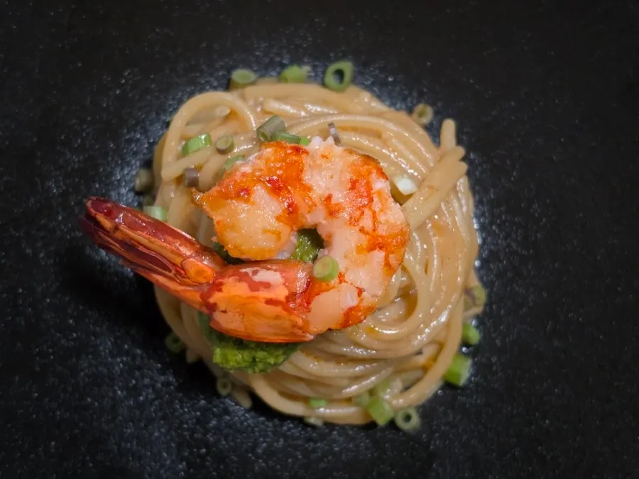 A plate of minari yuzu bisque pasta