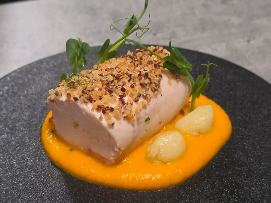 Sous vide chicken breast steak over carrot purée