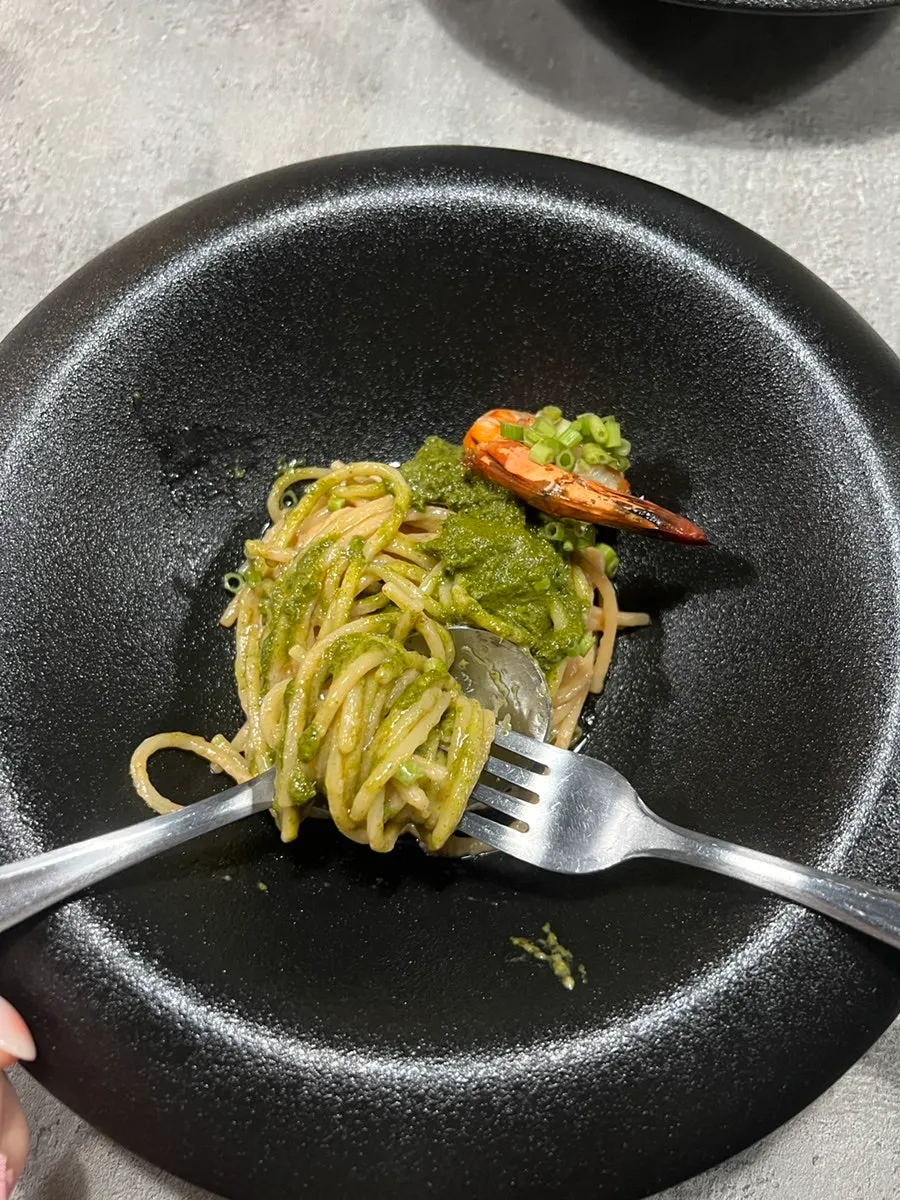 Close-up of the noodles in the minari yuzu bisque pasta