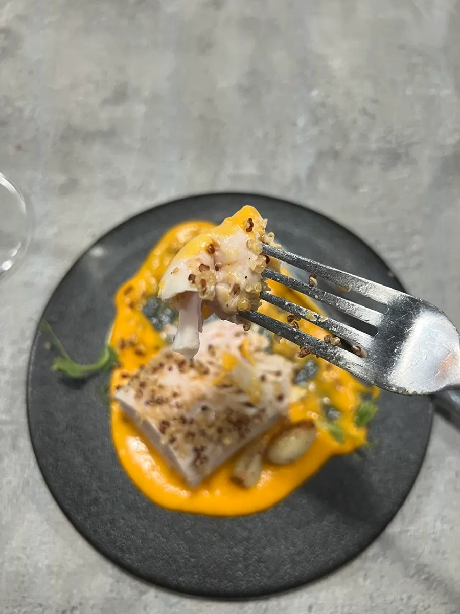 Sous vide chicken breast steak topped with quinoa