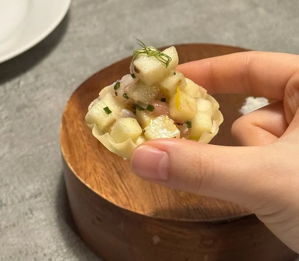 Tart topped with apple and sweet shrimp