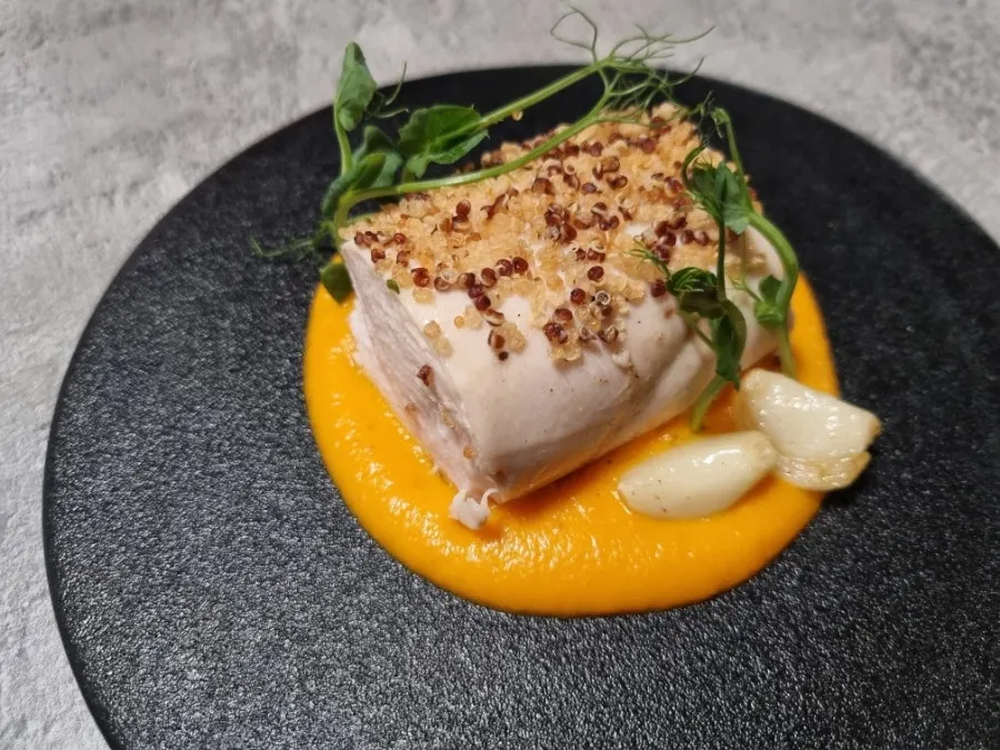 Sous vide chicken breast steak with carrot purée