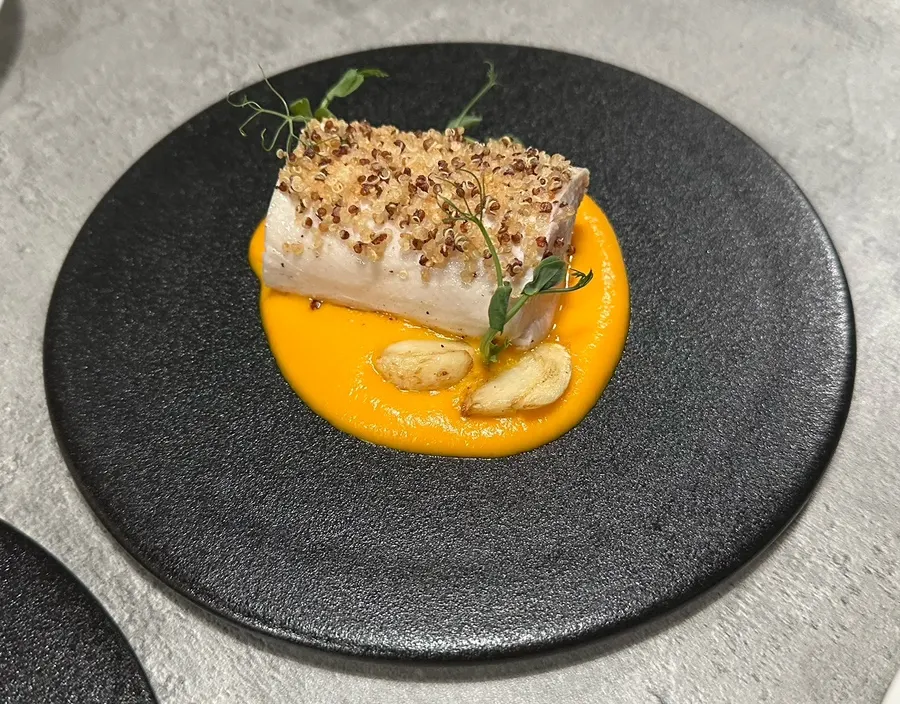 Plated sous vide chicken breast steak