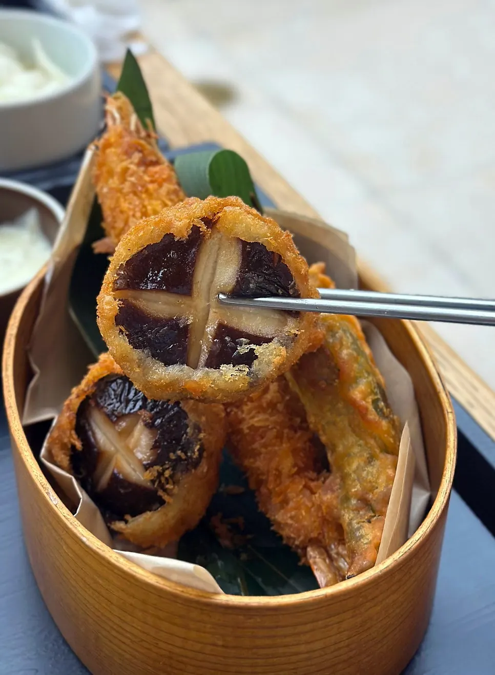 Assorted tempura served with soy sauce and tartar sauce
