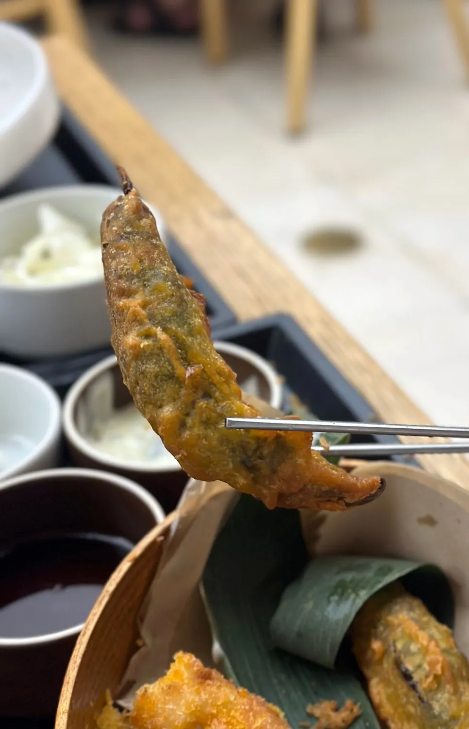 Large whole shrimp tempura dipped in tartar sauce