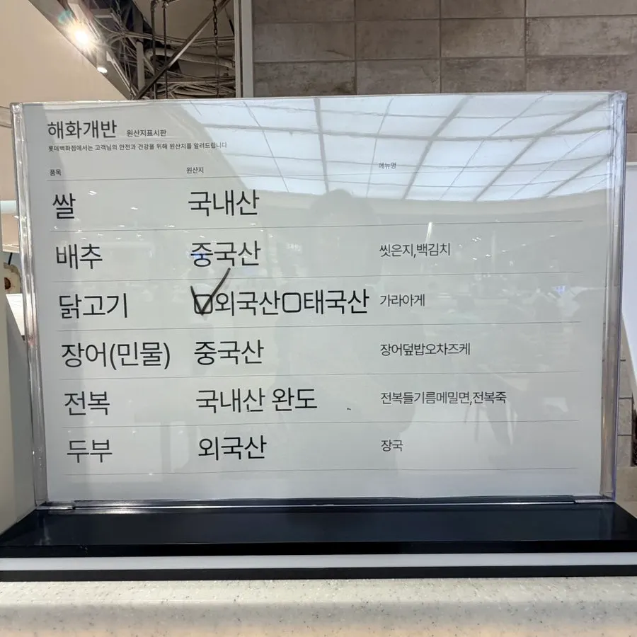 매장 한쪽의 메뉴 원산지 표시판