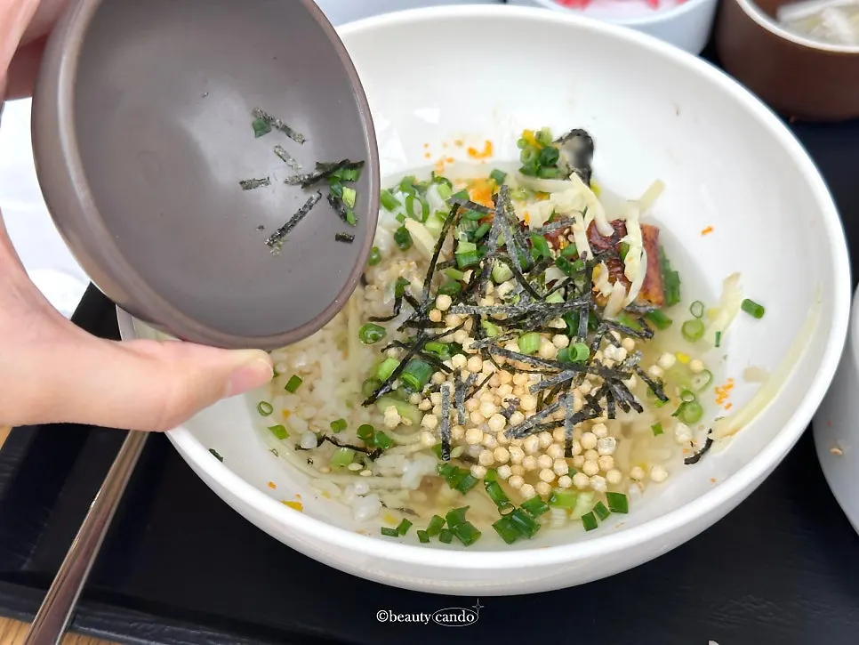 Ochazuke made by pouring warm tea over the rice bowl
