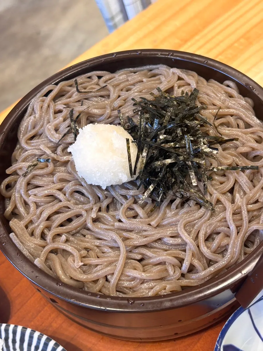Jaru soba served with zuyu dipping sauce and wasabi