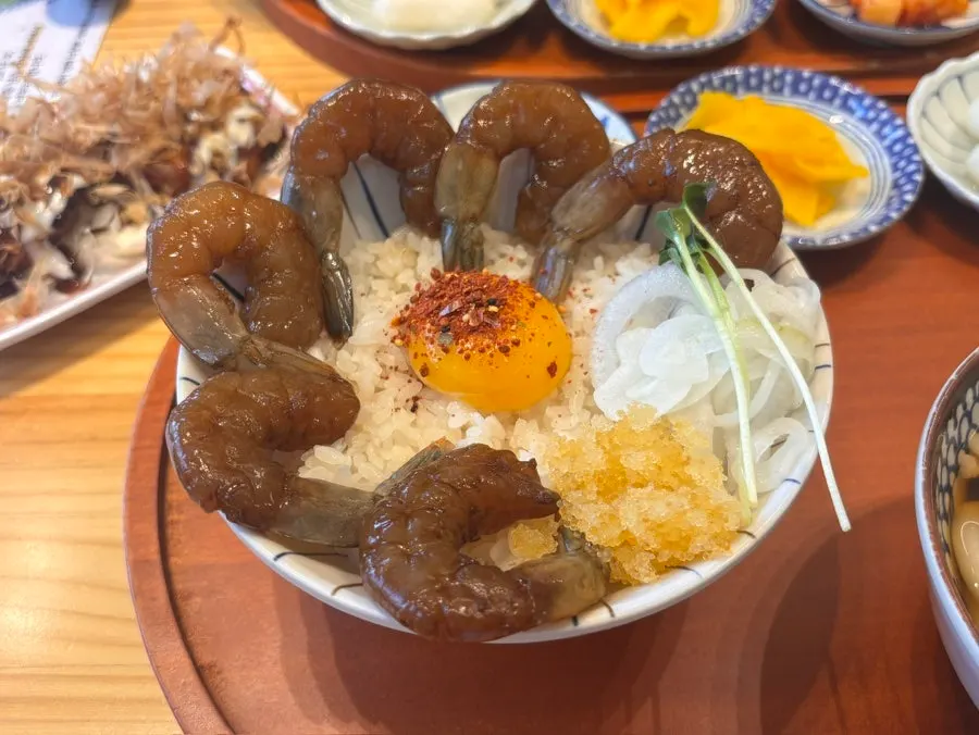 Shrimp soy sauce rice bowl made with soy-aged shrimp