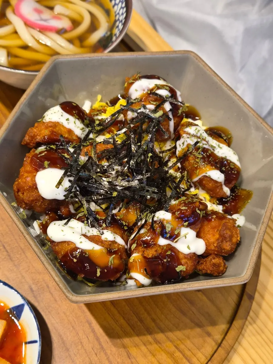 Chicken mayo rice bowl topped with mayo sauce
