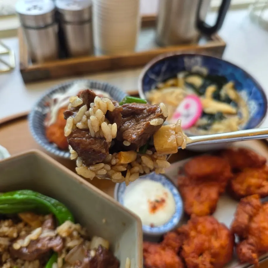 A spoonful of the cube steak rice bowl