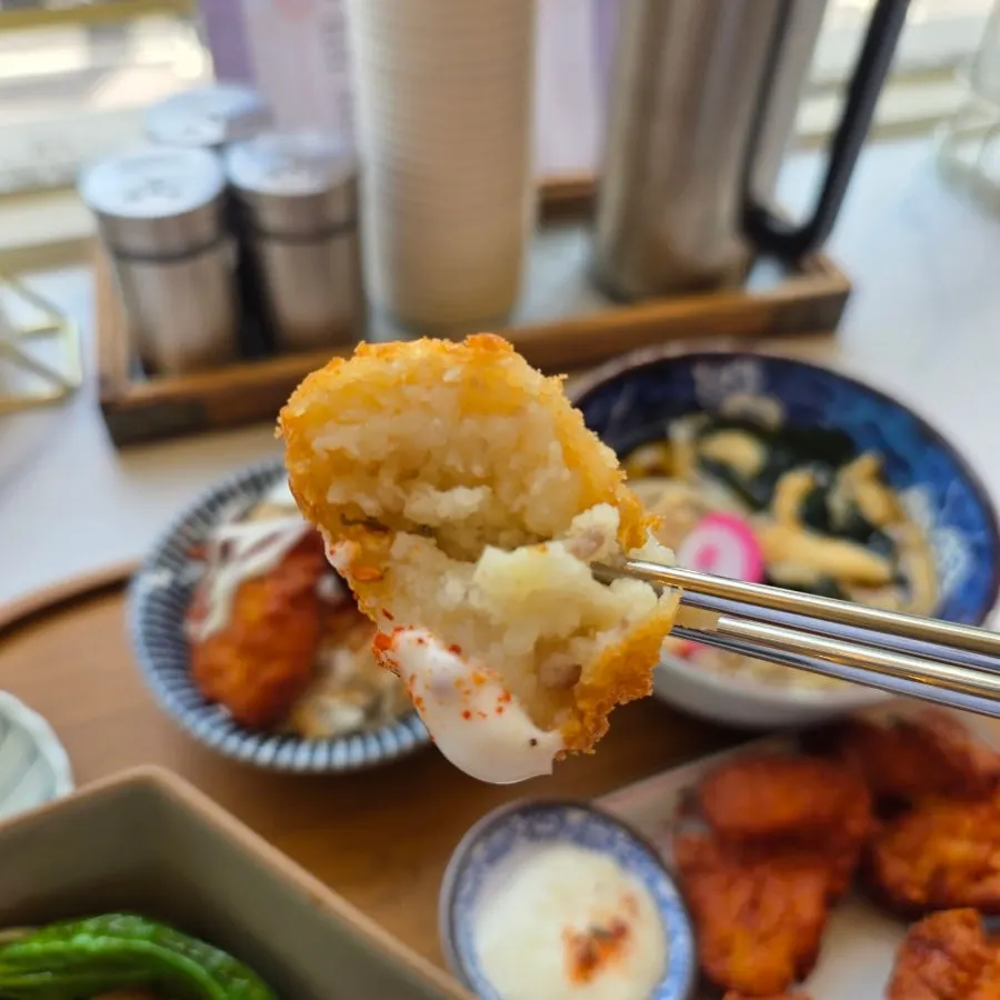 Cross-section of a fluffy-inside potato croquette