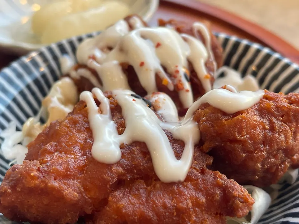 Two pieces of sauce-drizzled fried chicken