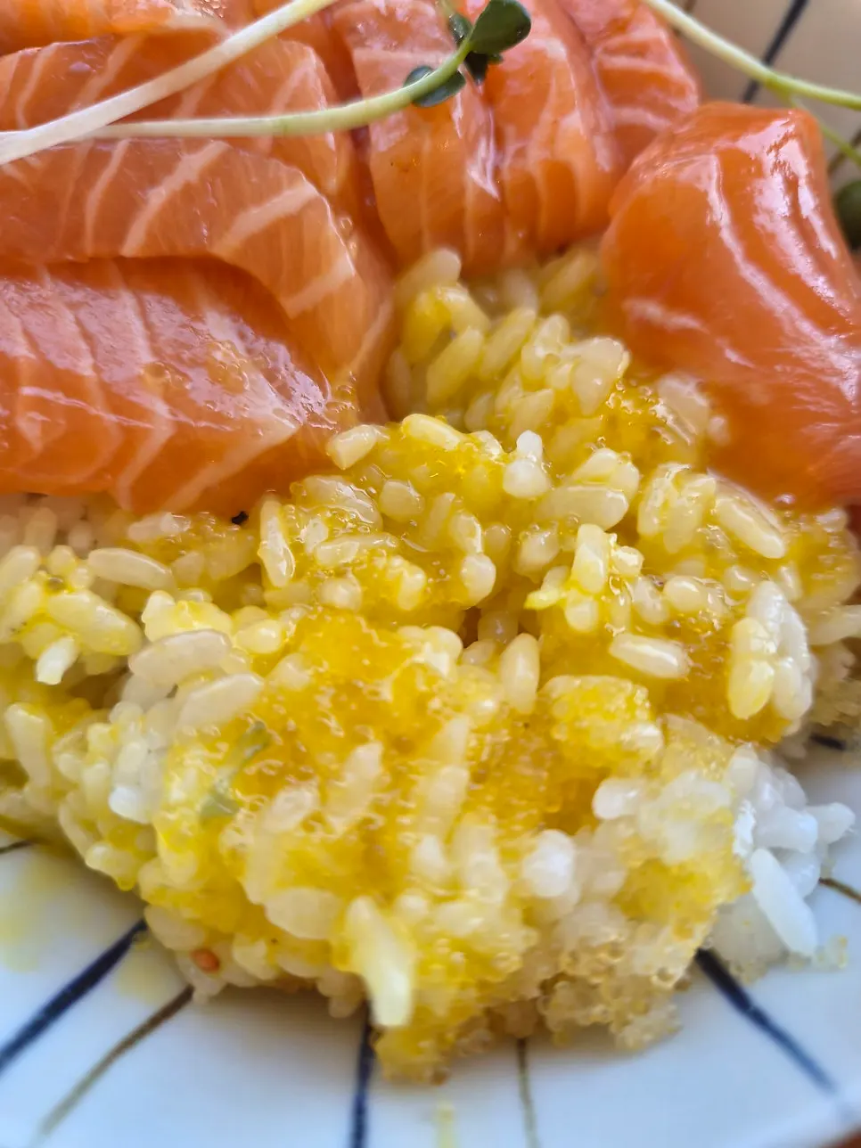 Salmon rice bowl topped with egg yolk