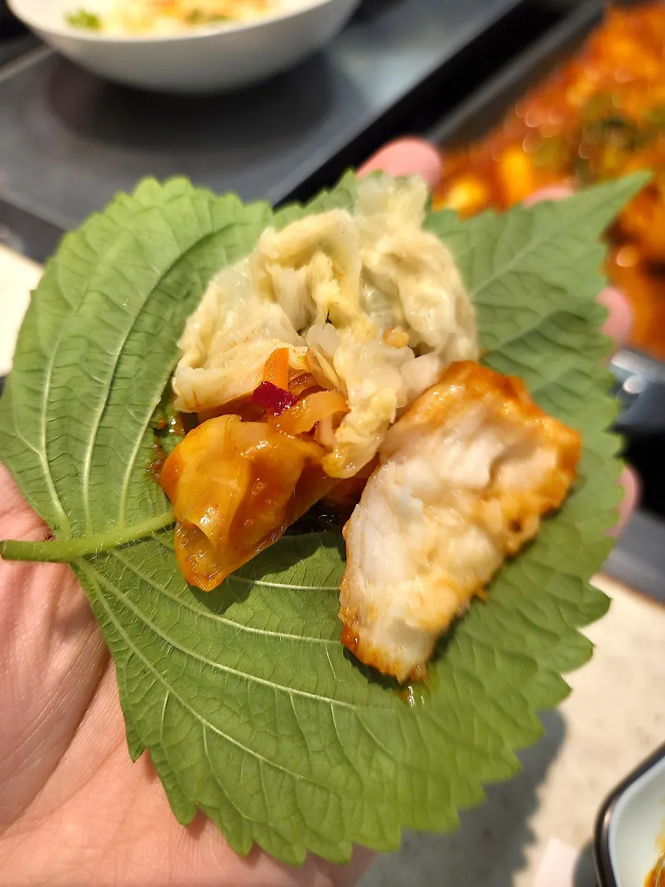 Angler fish stew showing boneless fish and gonyi