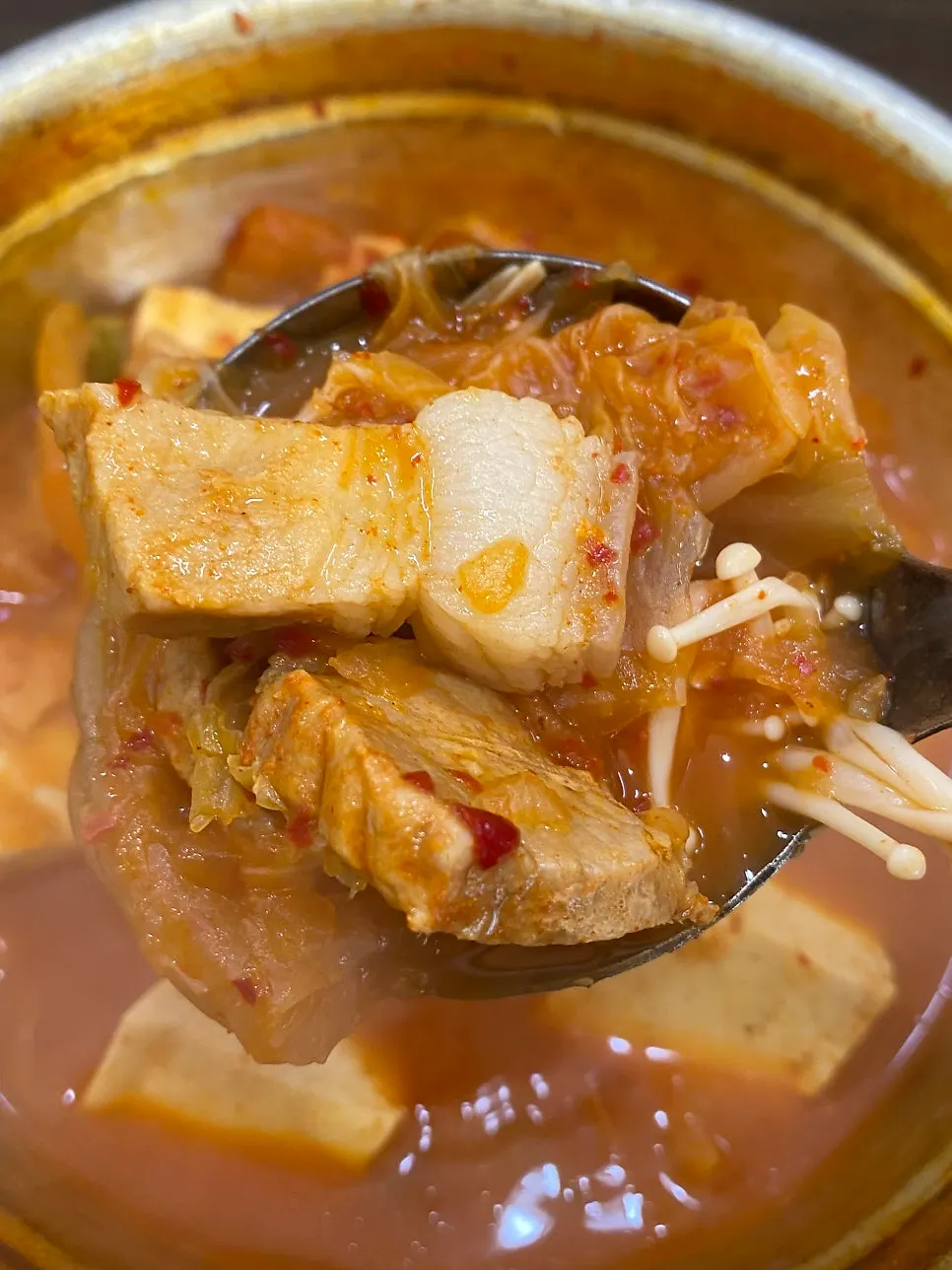 Free kimchi jjigae packed with meat and tofu