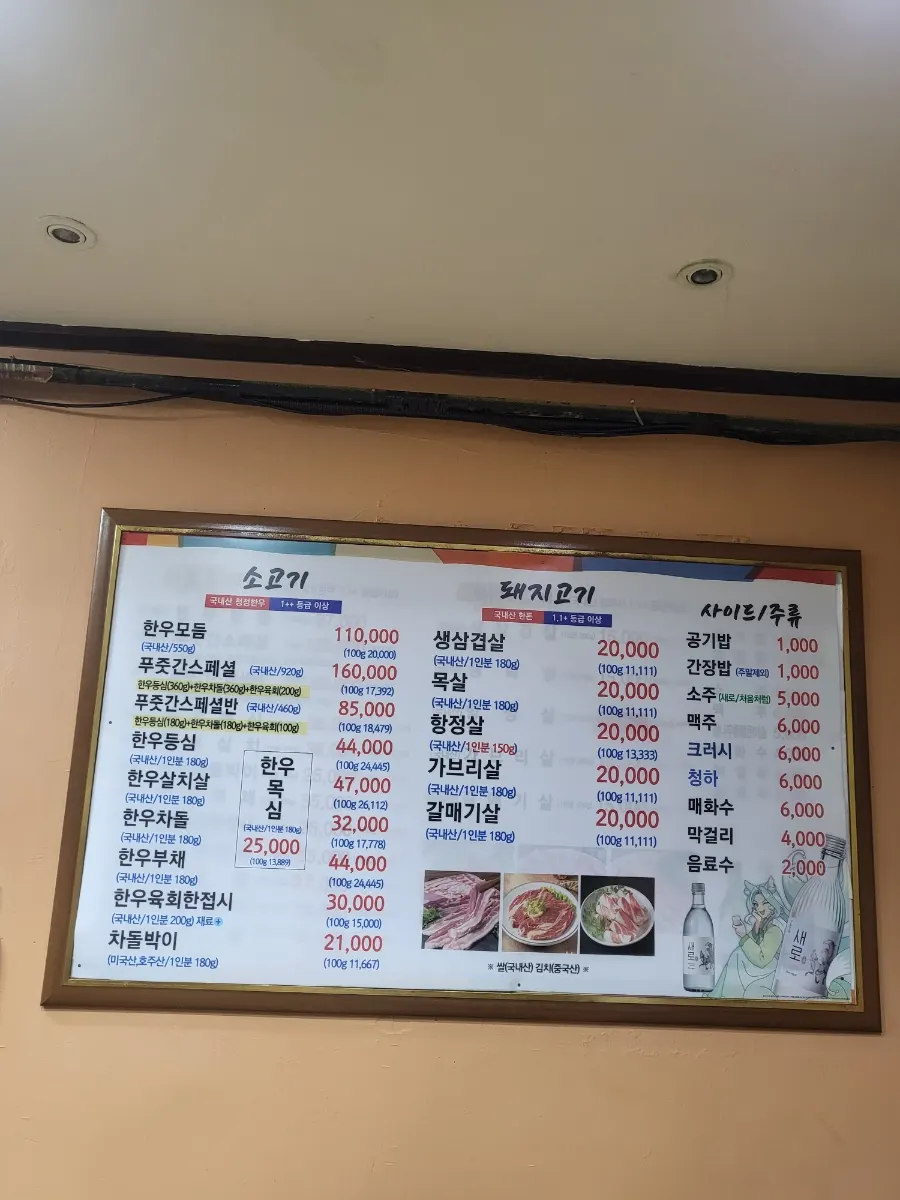 푸줏간생고기점 매장 내부와 불판