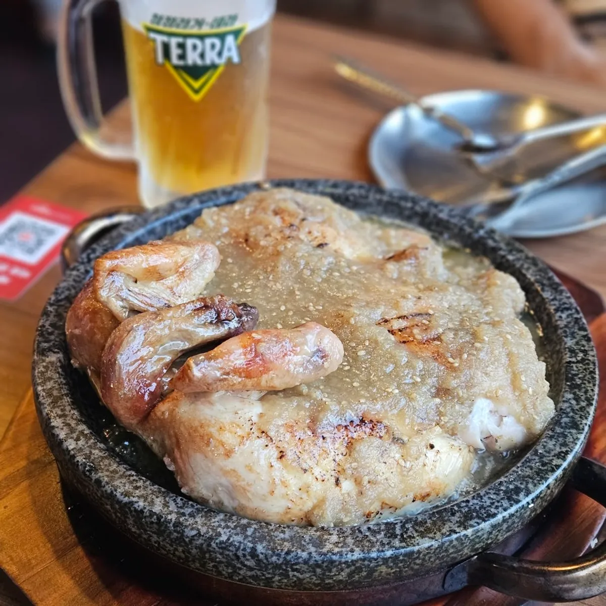 Full spread of wang-galbi oak-fired chicken and buckwheat noodles