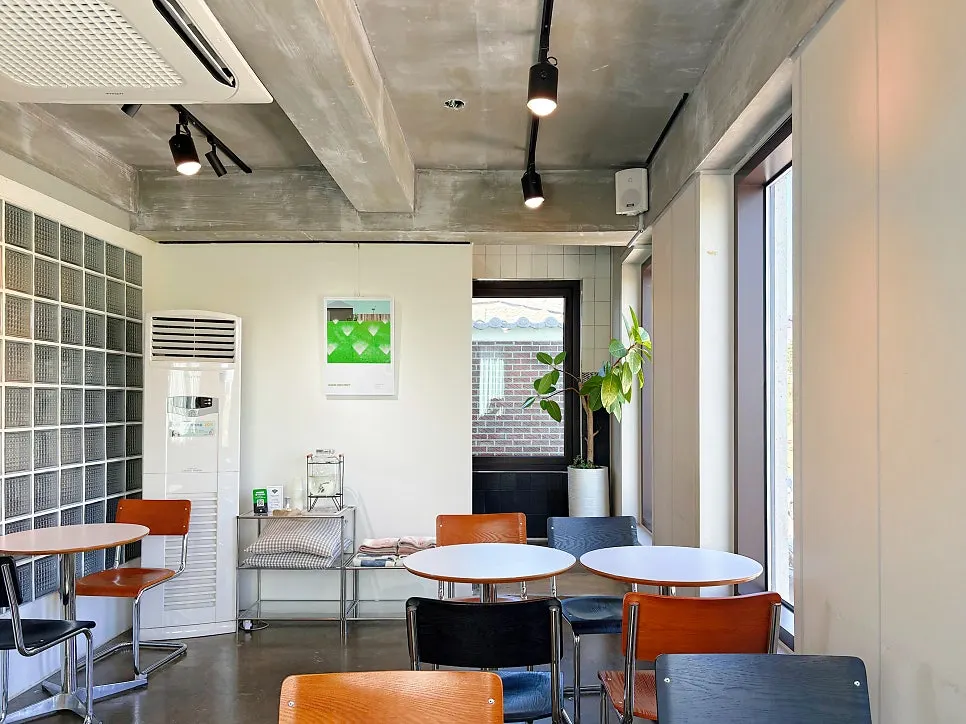 Café interior with widely spaced tables