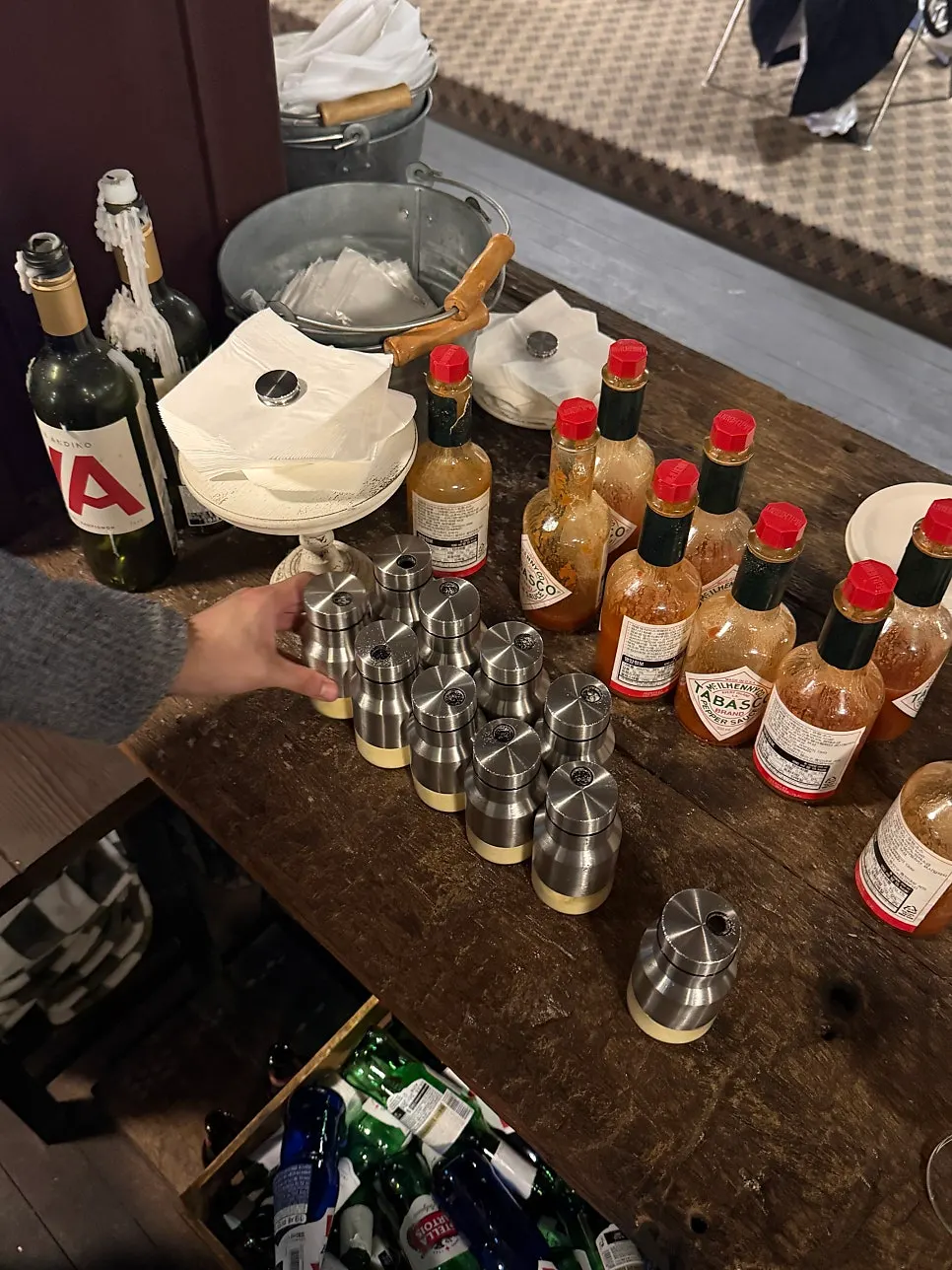 Cheese powder and hot sauce at the self bar