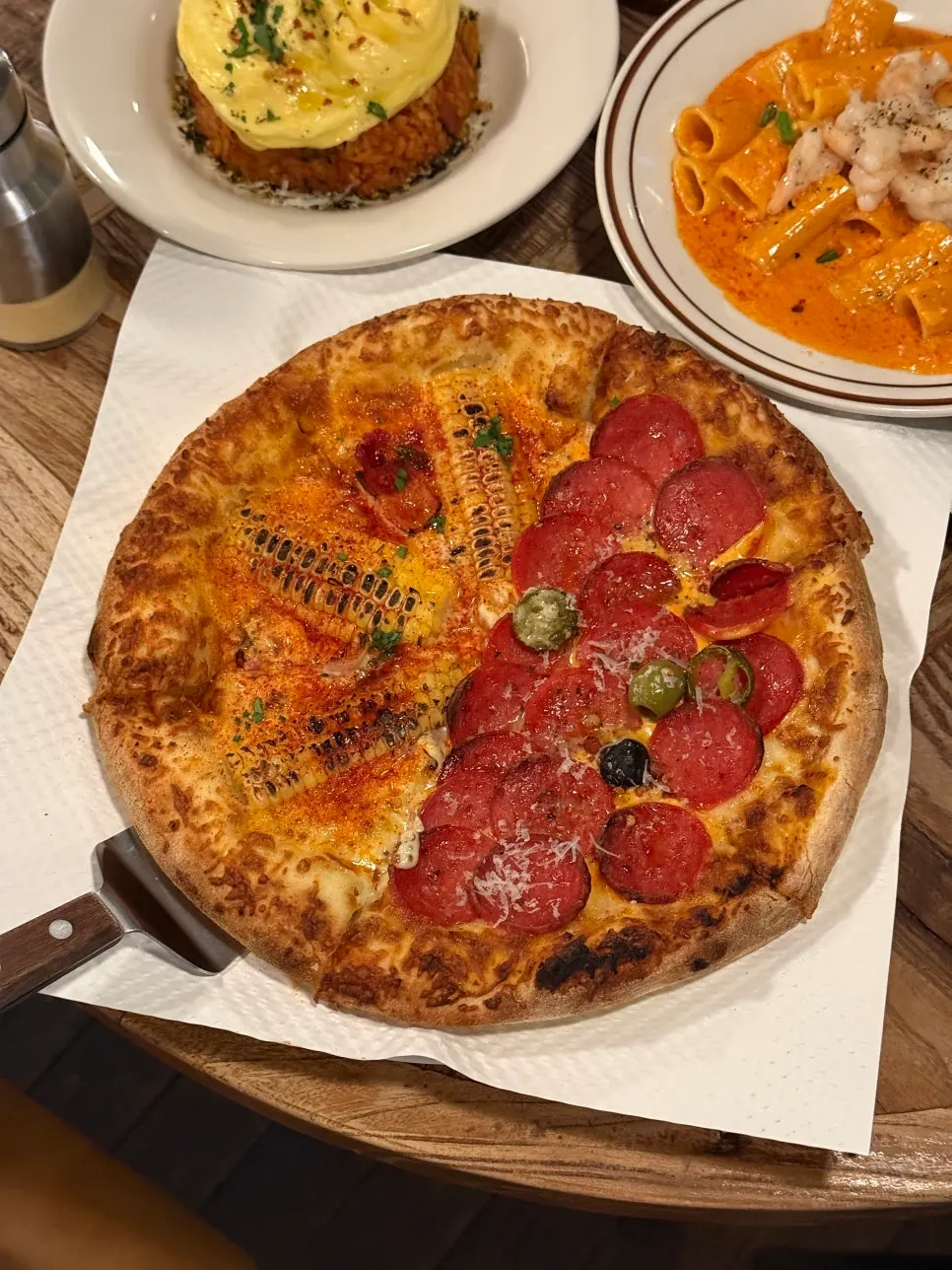 Corn and hot pepperoni half-and-half pizza