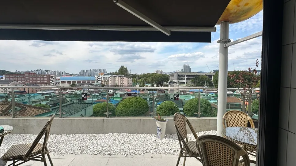 3rd-floor outdoor balcony terrace seating with city view