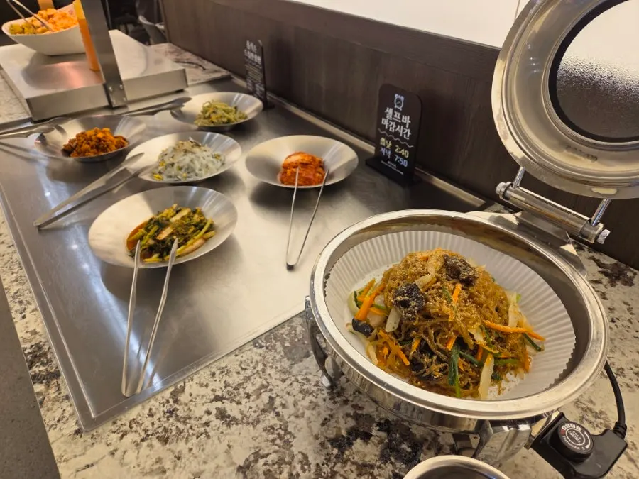 Self-serve banchan bar set up on one side of the restaurant