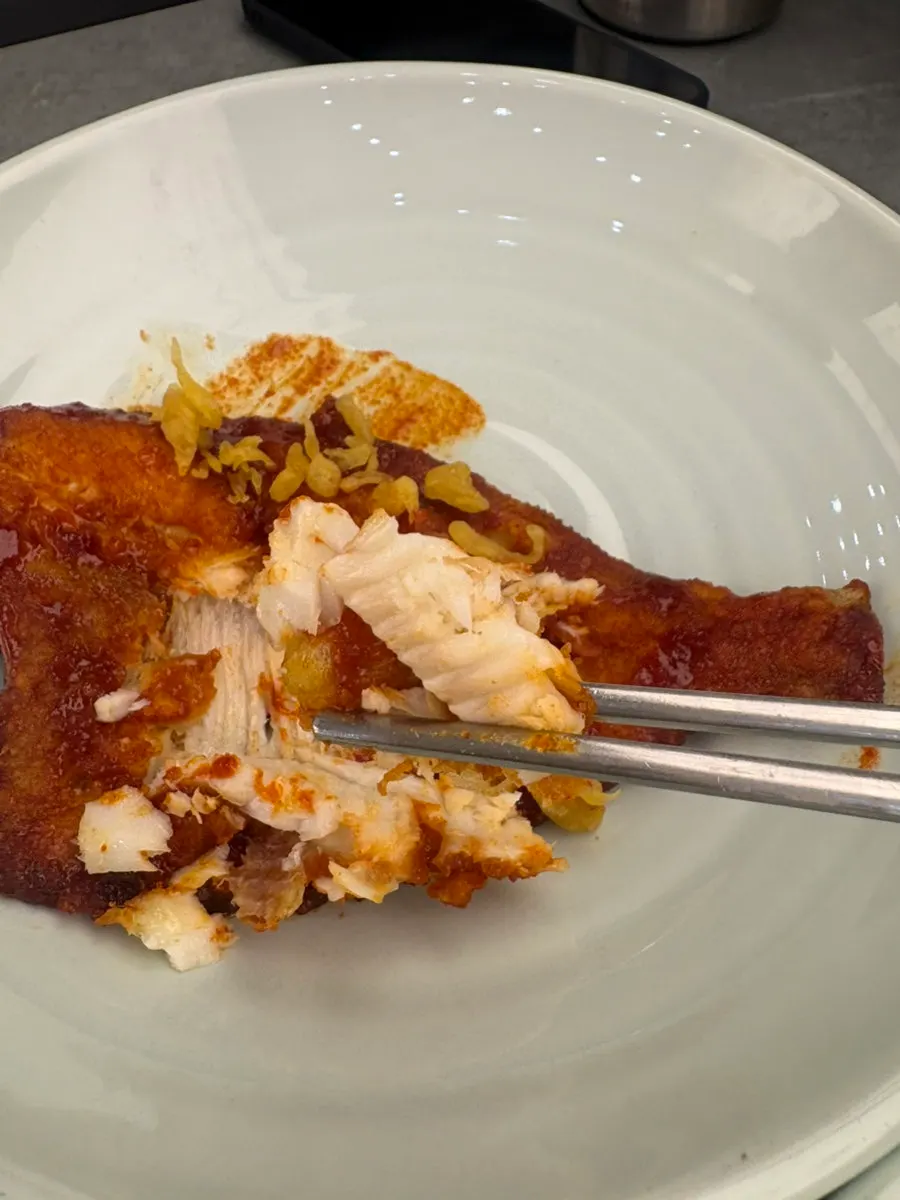 Close-up of sweet-and-spicy seasoned grilled flounder