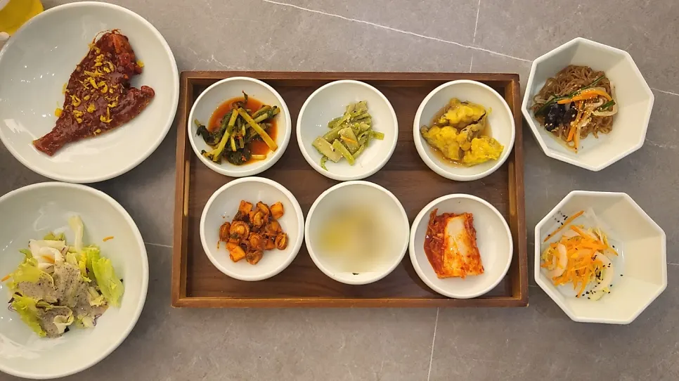 Neatly organized self-serve banchan bar