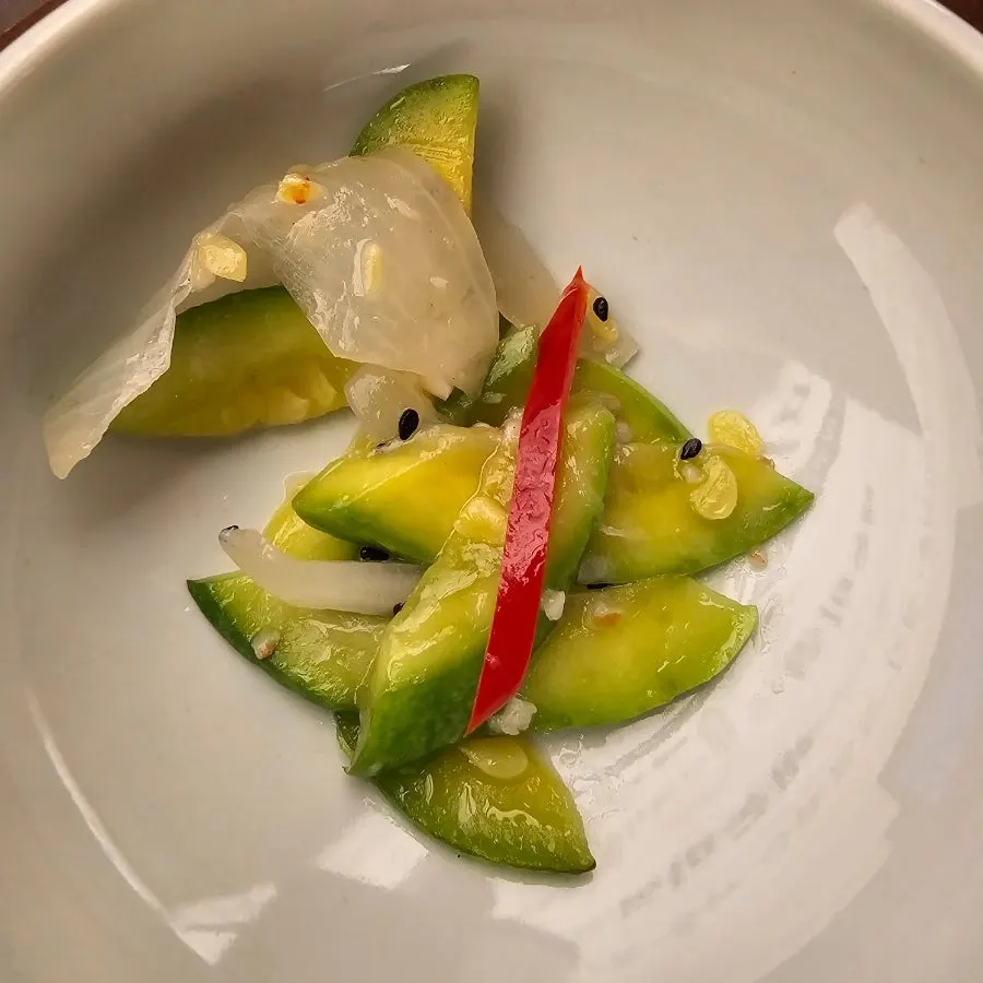 Kimchi, fried wood ear mushroom, and other side dishes